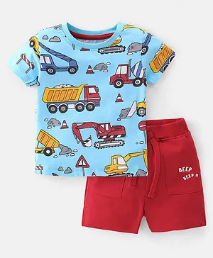 Babyhug 100% Cotton Knit Half Sleeves T-Shirt & Shorts With Construction Vehicle Print - Blue & Red