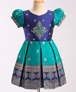 Enfance Half Puffed Sleeves Floral Embroidered Box Pleated Dress - Blue
