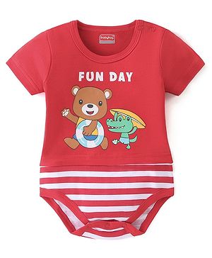 Babyhug 100% Cotton Knit Half Sleeves Onesie Striped & Teddy Print - Red