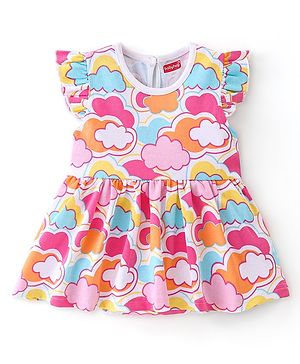 Babyhug 100% Cotton Frill Sleeves  Frock Style Onesie Cloud Print - Pink
