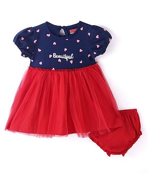 Babyhug Cotton Jersey Half Sleeves Heart & Text Printed Frock with Bloomer - Navy & Red