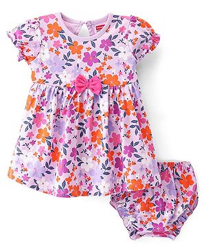 Babyhug Cotton Jersey Knit Half Sleeves Floral Print Frock with Blooomer-Pink