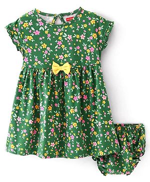 Babyhug Cotton Jersey Cap Sleeves Floral Printed Frock With Bloomer - Green