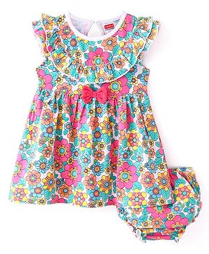 Babyhug Cotton Jersey Knit Frill Sleeves Floral Print Frock with Blooomer-Multicolour