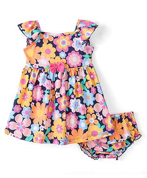 Babyhug Cotton Jersey Sleeveless Frock & Bloomer With Floral Print - Navy Blue