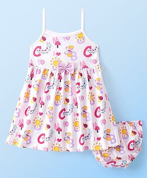 Babyhug 100% Cotton Jersey Knit Sleeveless Frock With Bloomer Butterfly Print - White