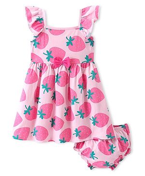 Babyhug Cotton Jersey Knit Sleeveless Frock With Bloomer Strawberry Print - Pink