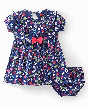 Babyhug  Cotton Jersey Knit Half Sleeves Frock with Frill Detailing with Bloomer Floral Print Bow Applique - Blue