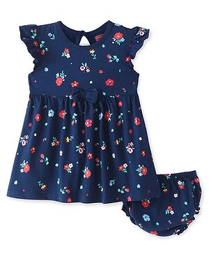 Babyhug Single Jersey Knit Frill Sleeves  Frock with Bloomer Floral Print - Navy Blue
