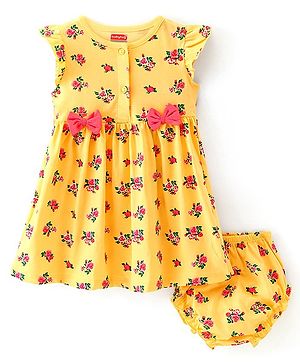 Babyhug Cotton Jersey Frill Sleeves Floral Printed Frock With Bloomer & Bow - Yellow