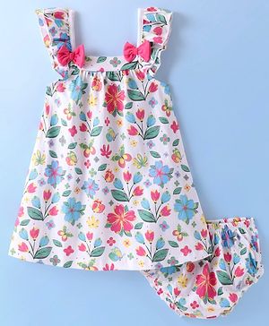 Babyhug Cotton Jersey Knit Frill Sleeves Frock With Bloomer Butterfly & Bird Print - White