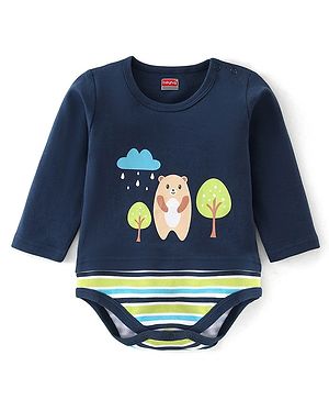 Babyhug 100% Cotton Knit Full Sleeves Onesie with Bear Print - Navy Blue