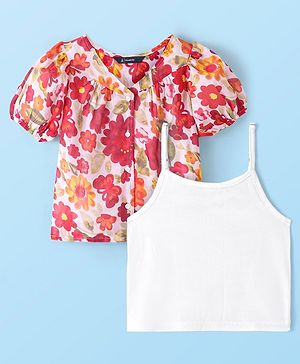 Pine Kids Half Sleeves Top with Inner Slip Floral Print - Red