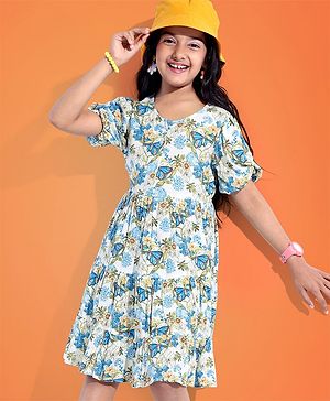 Pine Kids 100% Viscose Woven Half Sleeves Floral Printed Frock - White