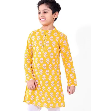 Earthy Touch 100% Cotton Woven Full Sleeves Kurta With Floral Print - Yellow