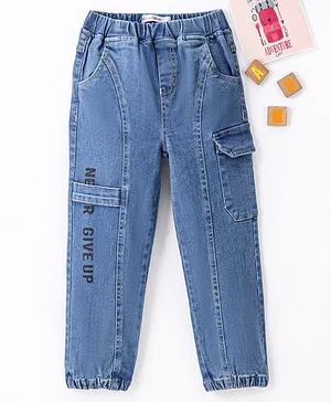 Kookie Kids Full Length Cut & Sew Denim Jeans with Text  Graphics & Pocket Detailing -  Blue