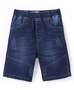 Kookie Kids Capri Length Solid Color Jeans With Tearing Detailing - Blue