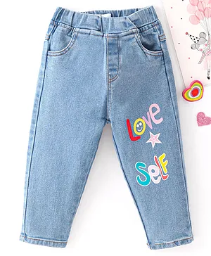 Kookie Kids Cotton Lycra Full Length Text Graphics Denim Jeans - Blue