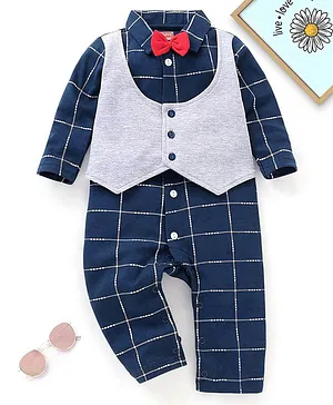 Babyhug Cotton Full Sleeves Party Wear  Romper with Attached Waistcoat & Bow - Navy Blue