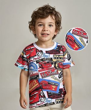 Babyhug Disney Cars Cotton Knit Half Sleeves T-Shirt with Cars Printed - White & Red