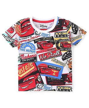 Babyhug Disney Cars Cotton Knit Half Sleeves T-Shirt with Cars Printed - White & Red