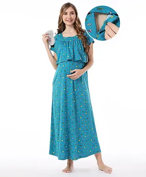 Bella Mama Cotton Knit Half Sleeves Concealed Zipper Butterfly & Floral Printed Nighty - Teal