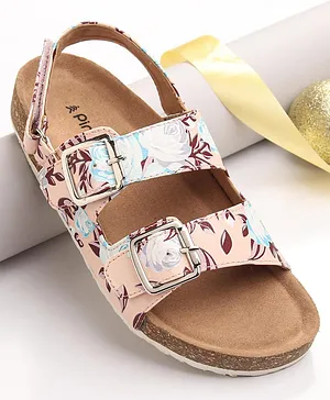 Pine Kids Casual Wear Sandals with Velcro Belt Closure Floral Print - Beige