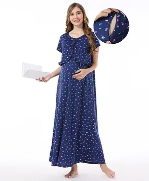 Bella Mama Cotton Knit Half Sleeves Concealed Zipper  Floral Printed Nighty - Navy Blue