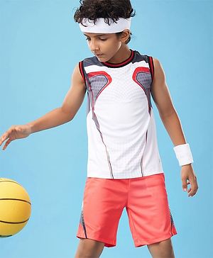 Pine Active Knit Sleeveless Color Block T-Shirt & Shorts Set - White & Red