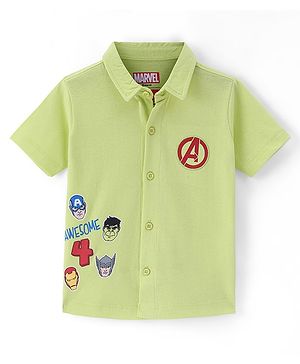 Babyhug Marvel 100% Cotton Knit Half Sleeves Regular Collar Avengers Printed Shirt- Lime