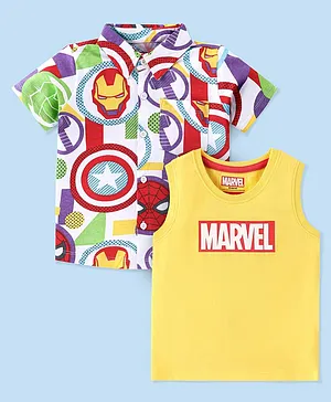 Babyhug Marvel Cotton Knit Half Sleeves Shirt with Sleeveless  Inner Tee Marvel Avengers Print- White & Yellow