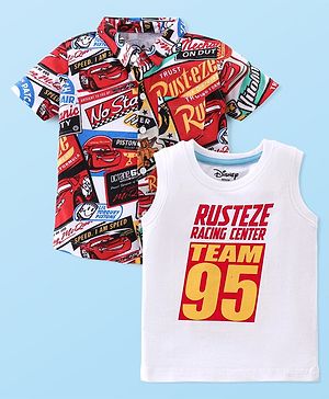 Babyhug Disney Cars 100% Cotton Knit Half Sleeves Regular Collar printed Shirt with Sleeveless T-Shirt- White & Red