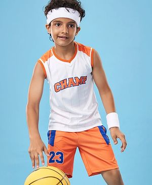 Pine Active Knit Sleeveless Athleisure T-Shirt & Shorts Set Text & Number Print - White & Orange