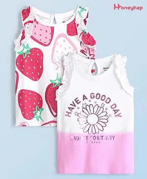 Honeyhap Premium 100% Cotton Single Jersey Sleeveless Top With Bio Finish Strawberry Print Pack of 2 - Bright White