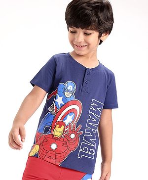 Babyhug Marvel 100% Cotton Knit Half Sleeves Henley T-Shirt with Avengers Graphics - Navy Blue