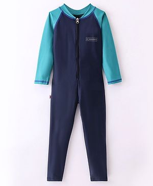 Rovars Cotton Lycra Full Sleeves Solid Color Body Swimsuit - Navy Blue & Green