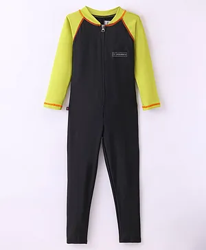 Rovars Cotton Lycra Full Sleeves Solid Color Body Swimsuit - Black & Lemon Yellow