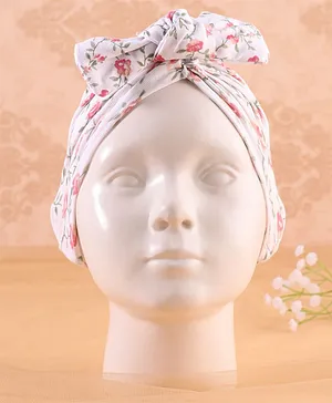 KIDLINGSS Bow Applique Detailed Floral Printed Cotton Turban Cap - White