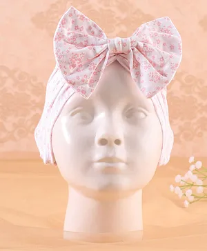 KIDLINGSS Bow Applique Detailed Floral Printed Cotton Turban Cap - White & Pink