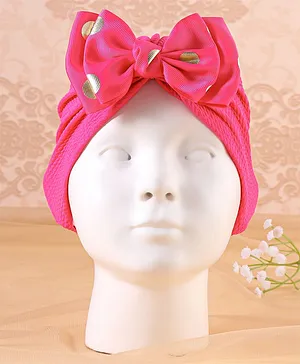 KIDLINGSS Polka Dots Foil Printed Bow Applique Detailed  Turban Cap - Dark Pink