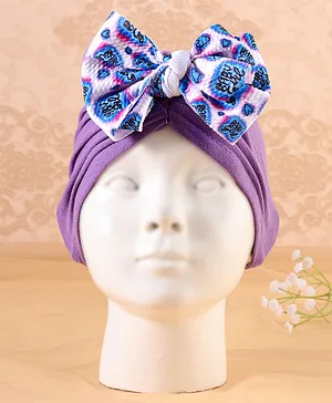 KIDLINGSS Baby Girl Printed Bow Applique Turban Cap - Purple