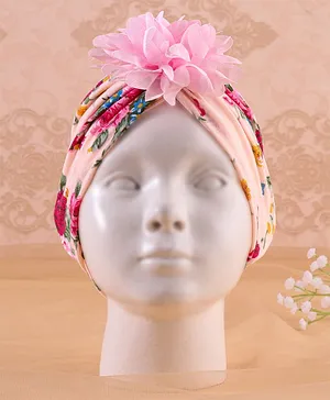 KIDLINGSS Floral Printed Flower Embellished Turban Cap - Pink