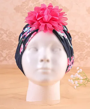 KIDLINGSS Floral Printed Flower Embellished Turban Cap - Dark Pink