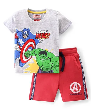 Babyhug Marvel 100% Cotton Knit  Half Sleeves T-Shirt & Shorts With Avengers Graphics - Grey & Red