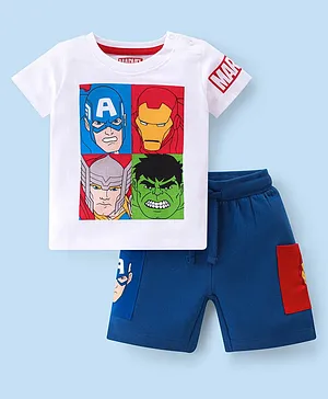Babyhug Marvels 100% Cotton Single Jersey Knit Half Sleeves T-Shirt & Shorts Set Avengers Graphics - White & Blue