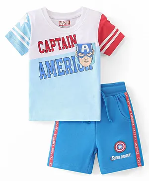 Babyhug Marvel 100% Cotton Knit Half Sleeves T-Shirt & Shorts With Avengers Graphics  - Blue & White