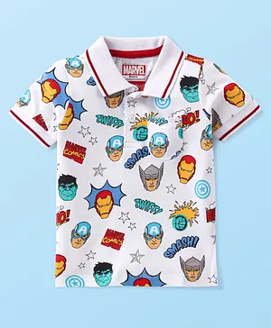 Babyhug Marvel 100% Cotton Knit Half Sleeves Polo T-Shirt With Pocket & Avengers Print -White