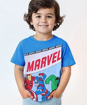 Babyhug Marvel 100% Cotton Knit Half Sleeves T-Shirt with Avengers Graphics -  Blue