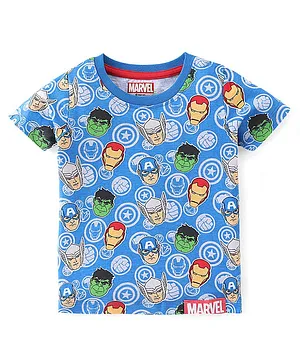Babyhug Marvel Cotton Knit Half Sleeves T-Shirt with Avengers Print - Blue