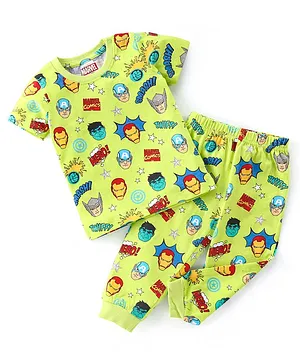 Babyhug Marvel Cotton Knit Half Sleeves Night Suit With Avengers Print - Green